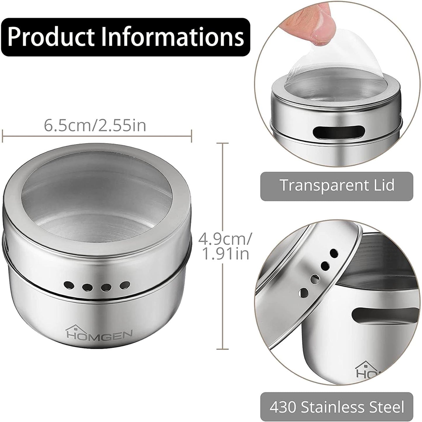 HOMGEN 12Pack Magnetic Spice Jars Set Stainless Steel Magnetic Spice Containers 100ml/3.4oz Magnetic Spice Jars for Fridge BBQ Magnet Spice Tins Set Magnetic Spice Pots with Lids for Kitchen