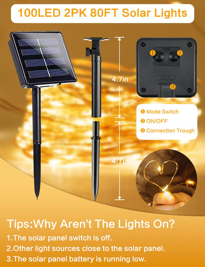 2Pack Solar String Lights Outdoor, 80FT 200LED Solar Fairy Lights, Waterproof Copper Wire & 8 Modes, Solar Twinkle Light for Garden, Tree, Wedding, Christmas Decorations, Patio, Fence (Warm White)