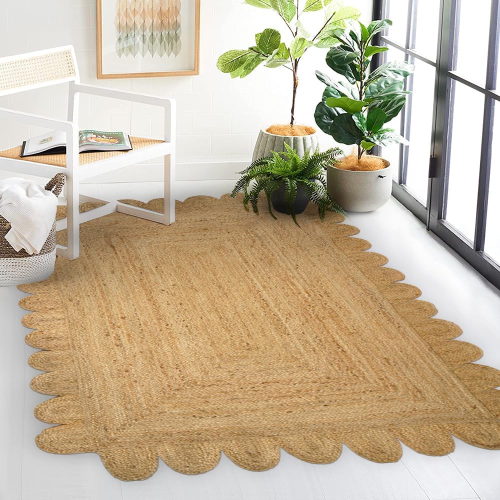 GRUHUM Scalloped Jute Area Rugs 8x10ft Rectangular Natural Fiber Handwoven Soft Braided Rustic Vintage EcoFriendly Rug- Farmhouse Indoor EcoFriendly Livingroom Bedroom Kitchen Hallways 8x10 Rectangle