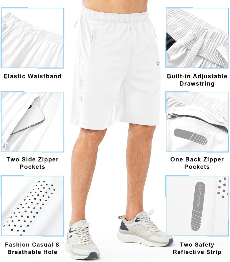 NORTHYARD Men's Athletic Running Shorts Quick Dry Workout Shorts 7"/ 5"/ 9" Lightweight Sports Gym Basketball Shorts Hiking Exercise WHITE-9inch S