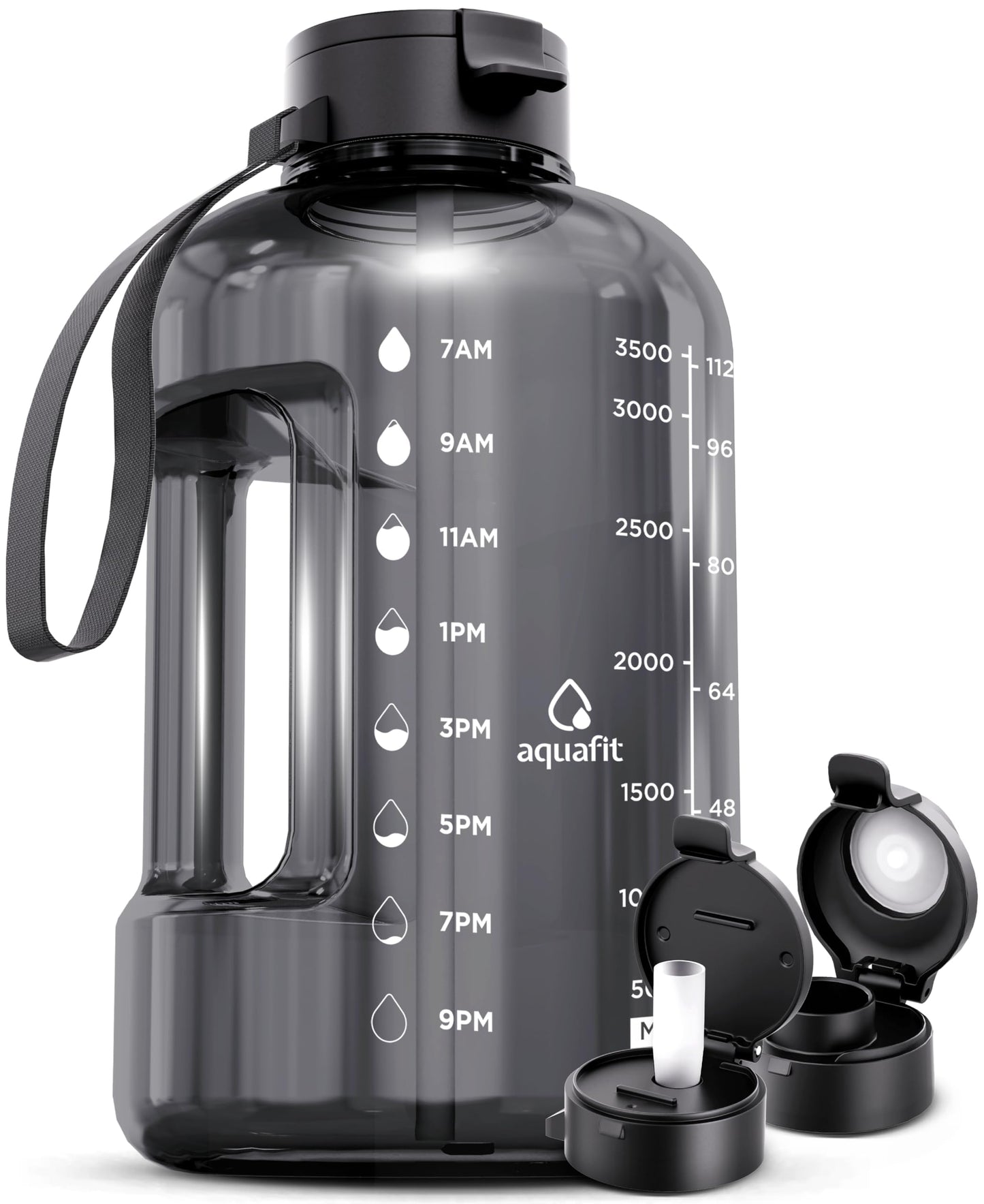 AQUAFIT 1 Gallon Water Bottle with Time Marker - Straw & Chug Lid - BPA Free Gym Water Bottle with Straw - Big Gallon Jug (Gray, 128 oz - 2 Lids)