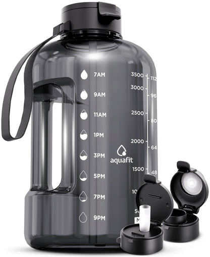 AQUAFIT 1 Gallon Water Bottle with Time Marker - Straw & Chug Lid - BPA Free Gym Water Bottle with Straw - Big Gallon Jug (Gray, 128 oz - 2 Lids)