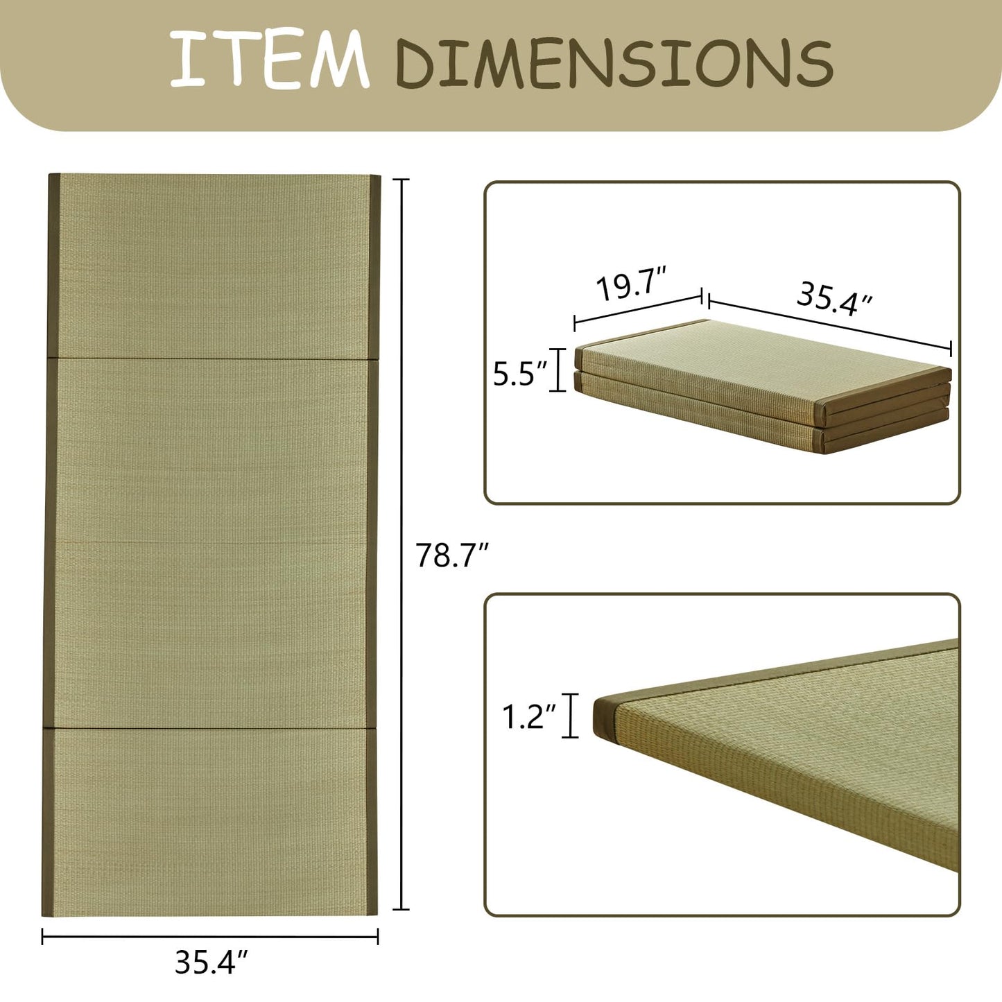 HAGiHARA Japanese Traditional Tatami Mat,35.4"x78.7"x1.2" Foldable Floor Mattress, Japanese Rush Grass Tatami Floor Mat for Meditation, Yoga,Sleeping or Summer Use