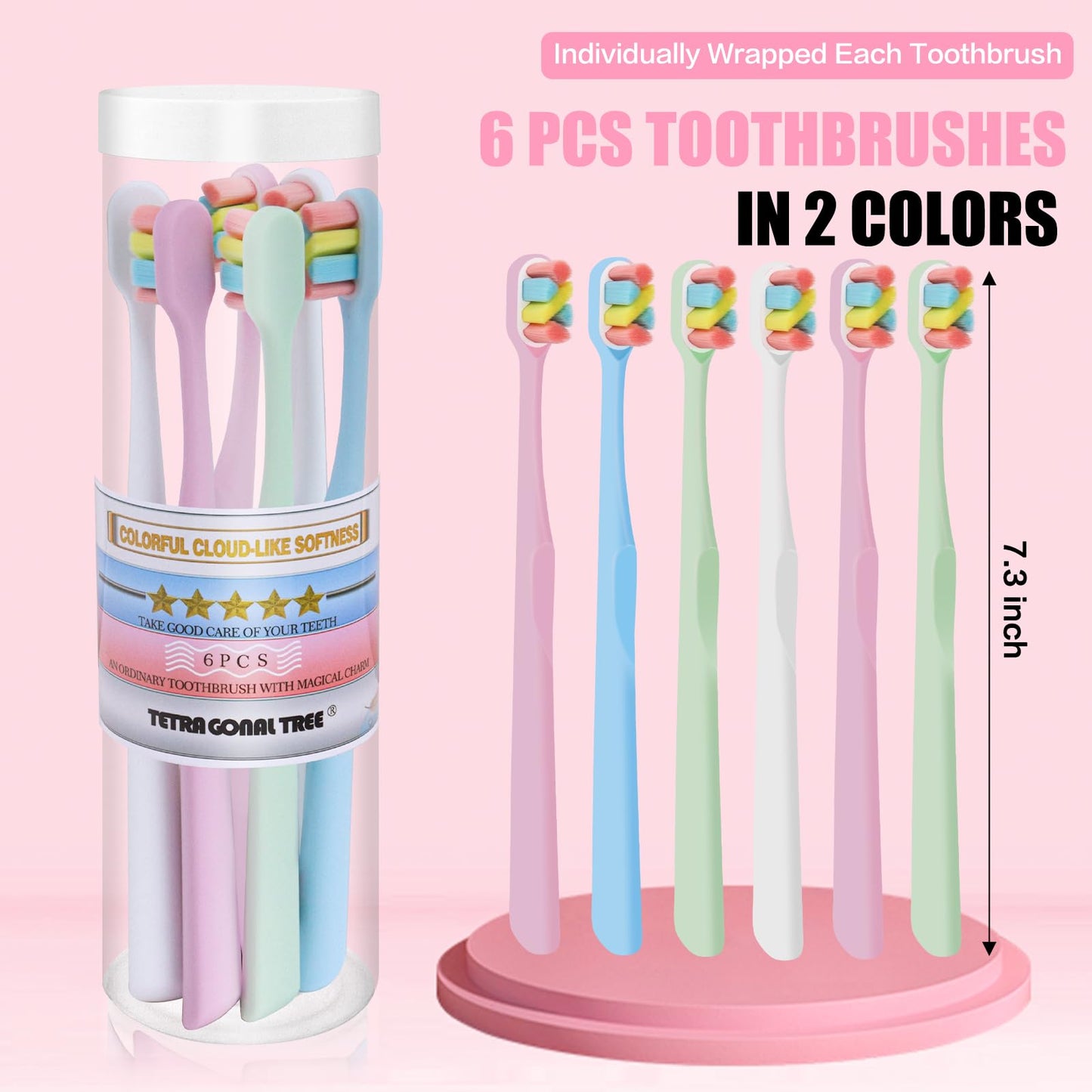 Tetragonal tree 6 Count Extra Soft Toothbrushes | Periodontist-Designed Tapered Bristles for Sensitive Teeth and Receding Gums | Plaque Remover Toothbrushes in Bucket Packaging - Colors May Vary