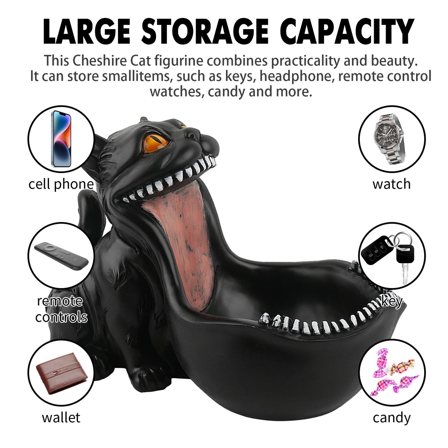 Cat Candy Bowl Gothic Decor Black Cat Statue Decorative Bowl Large Candy Dish for Office Desk Cute Key Bowl for Entryway Table Big Mouth Cat Gifts