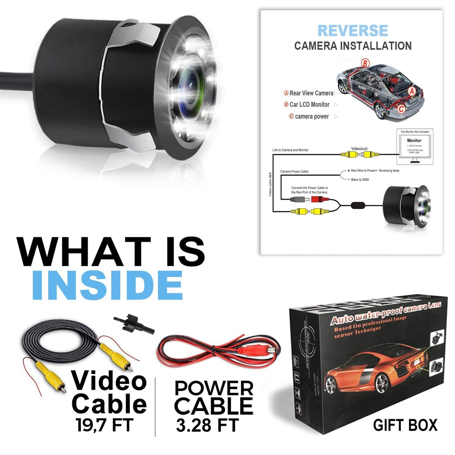 Backup Camera, JPP Embedded Rear View Camera, Waterproof Camera LED Night Vision Reverse Camera for Truck, Car, Travel Trailer