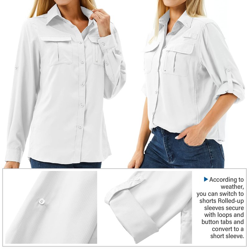 Toumett Women's UPF 50 Long Sleeve UV Sun Protection Safari Shirts Outdoor Quick Dry Fishing Hiking Travel Shirts(White01,M,5071)