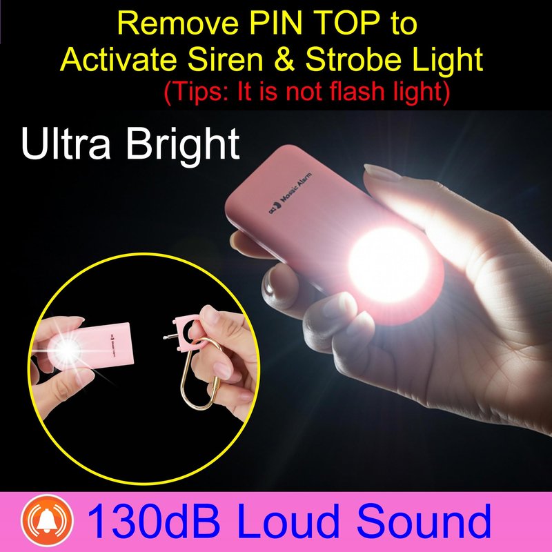 130dB Keychain Siren Ultra Bright Strobe Light. Loud Sound Personal Safety Alarm. SOS Emergency Alerts for Women, Girls, School Children, Night Runners, Hiking. Bear Alarm Deterrent. Pink