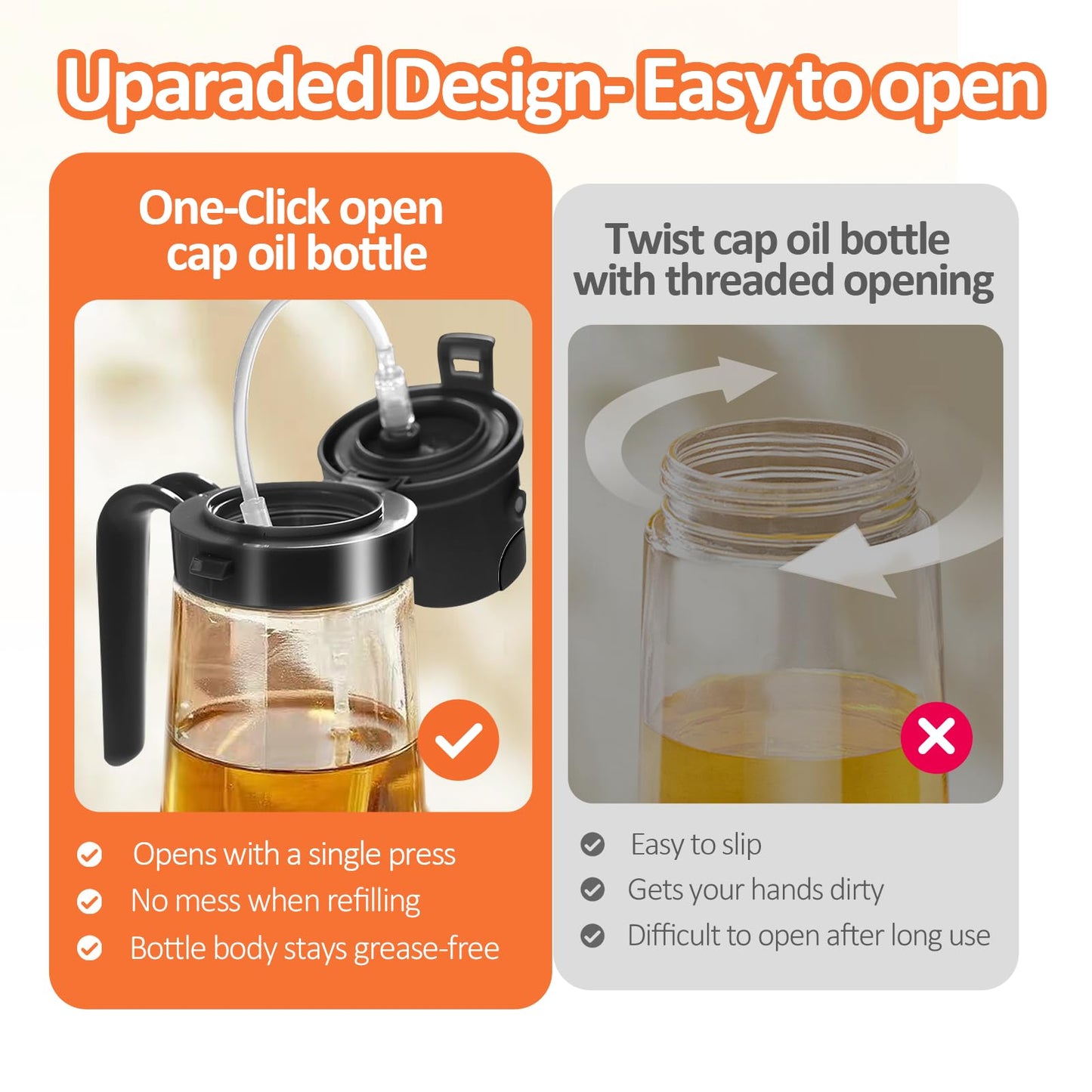 YARRAMATE 16oz/470ml Easy Refillable Oil Sprayer for Cooking, 2 in 1 Oil Dispenser for Kitchen and Oil Sprayer Bottle, Food-Grade Glass Oil Mister with Simple Open Design, Air Fryer,BBQ (Black)
