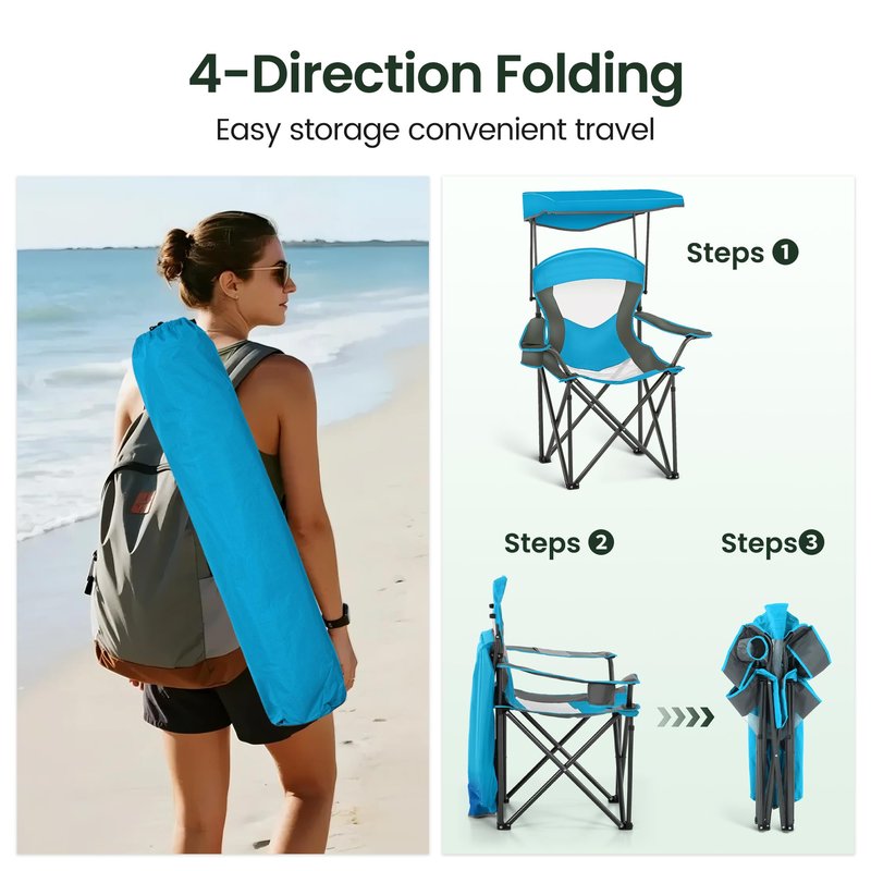 HIGH POINT SPORTS Camping Chairs with Shade, Heavy Duty Canopy Lounge Chair Sunshade Hiking Travel Chair with Cup Holder for Outdoor, Camping, Beach and Patio, Enamel Blue