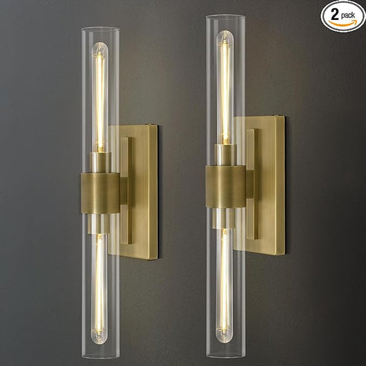 Brass Wall Sconces, 22.8" Bathroom Wall Sconce, Gold Wall Sconces Set of 2, 2-Light Dimmable Wall Sconce, Sconces Wall Lighting With Glass, Bathroom Vanity Light, Tube Sconce for Living Room, Hallway