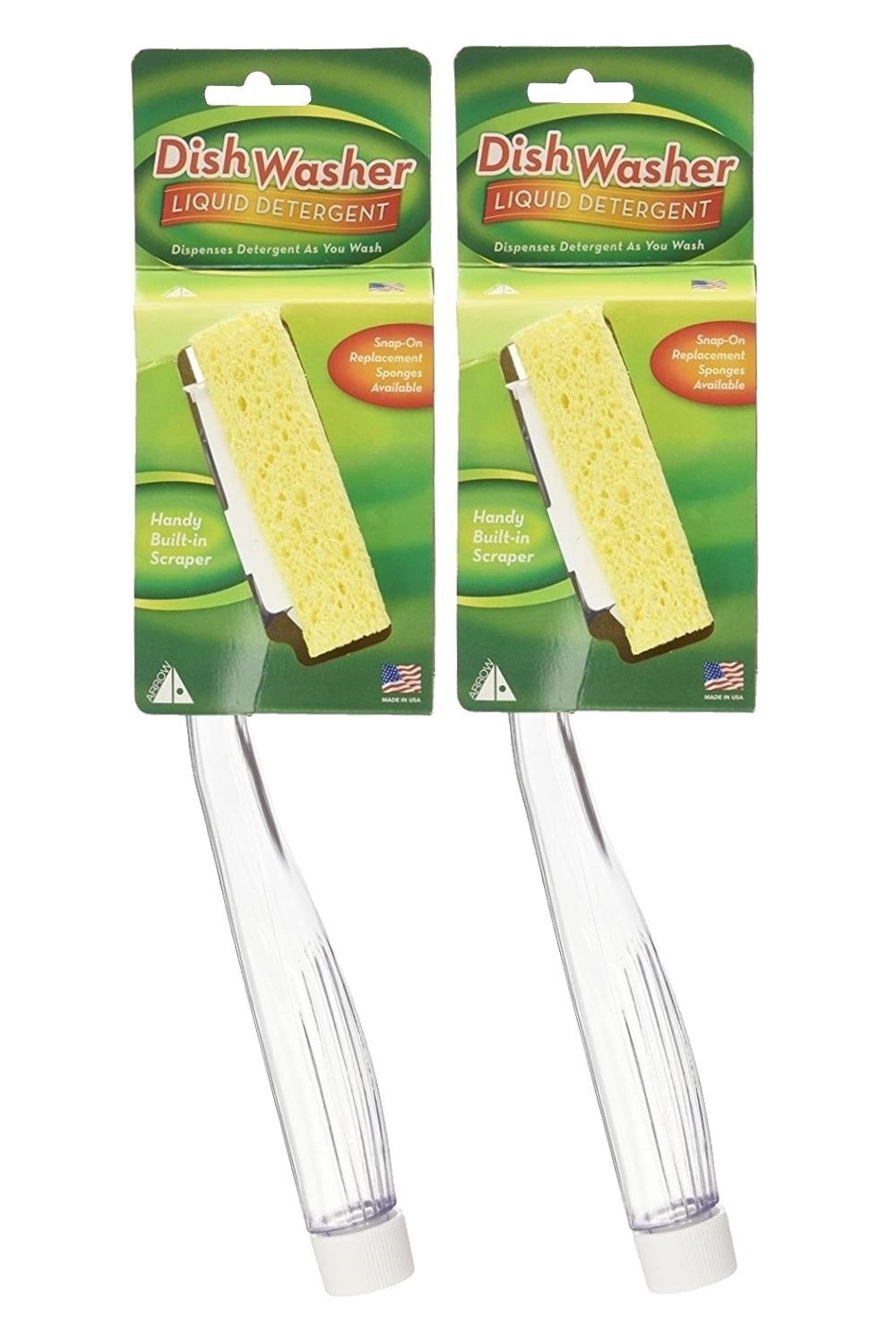 Arrow Home Products Dish Sponges With Soap Dispenser Handle, 2 Pack - Fillable Dish Wand for Quick, Convenient Cleaning - Made in the USA - Easy to Refill, Built-In Scrubber, Ideal for Dishes & Pans