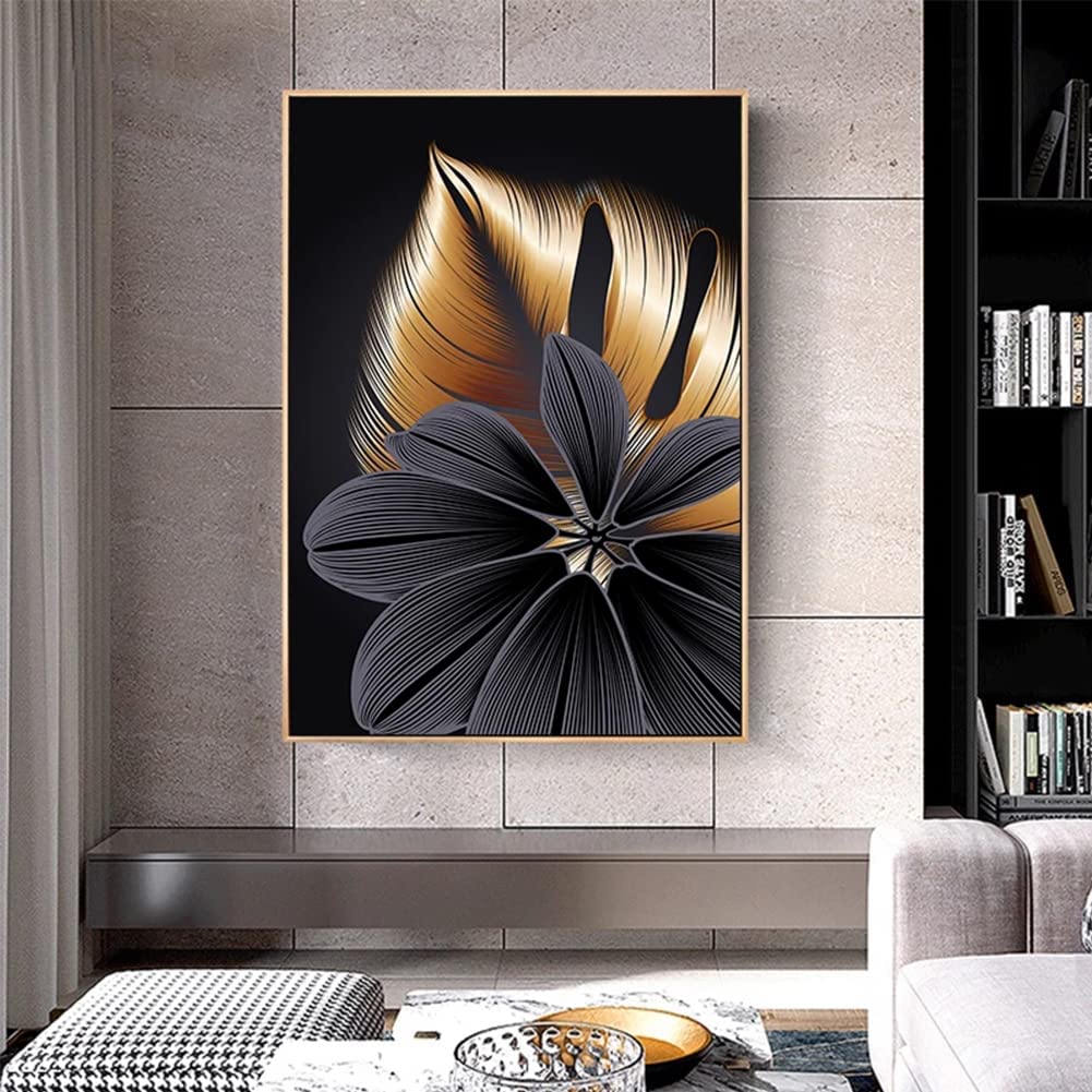 ConBlom Set of 3 Canvas Wall Art Painting - Modern Abstract Black Golden Leaf Plant Nordic Decorative Artwork for Bedroom Kitchen Living Room Home Decor (40 x 60cm- No Frame)