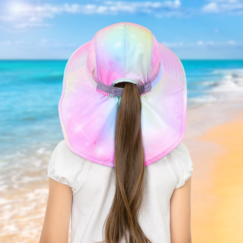 Kids Sun Hat UV Protection Summer Beach Play Hats Wide Brim Neck Flap for Girls Boys 2-9 Years, Pastel Pink Yellow