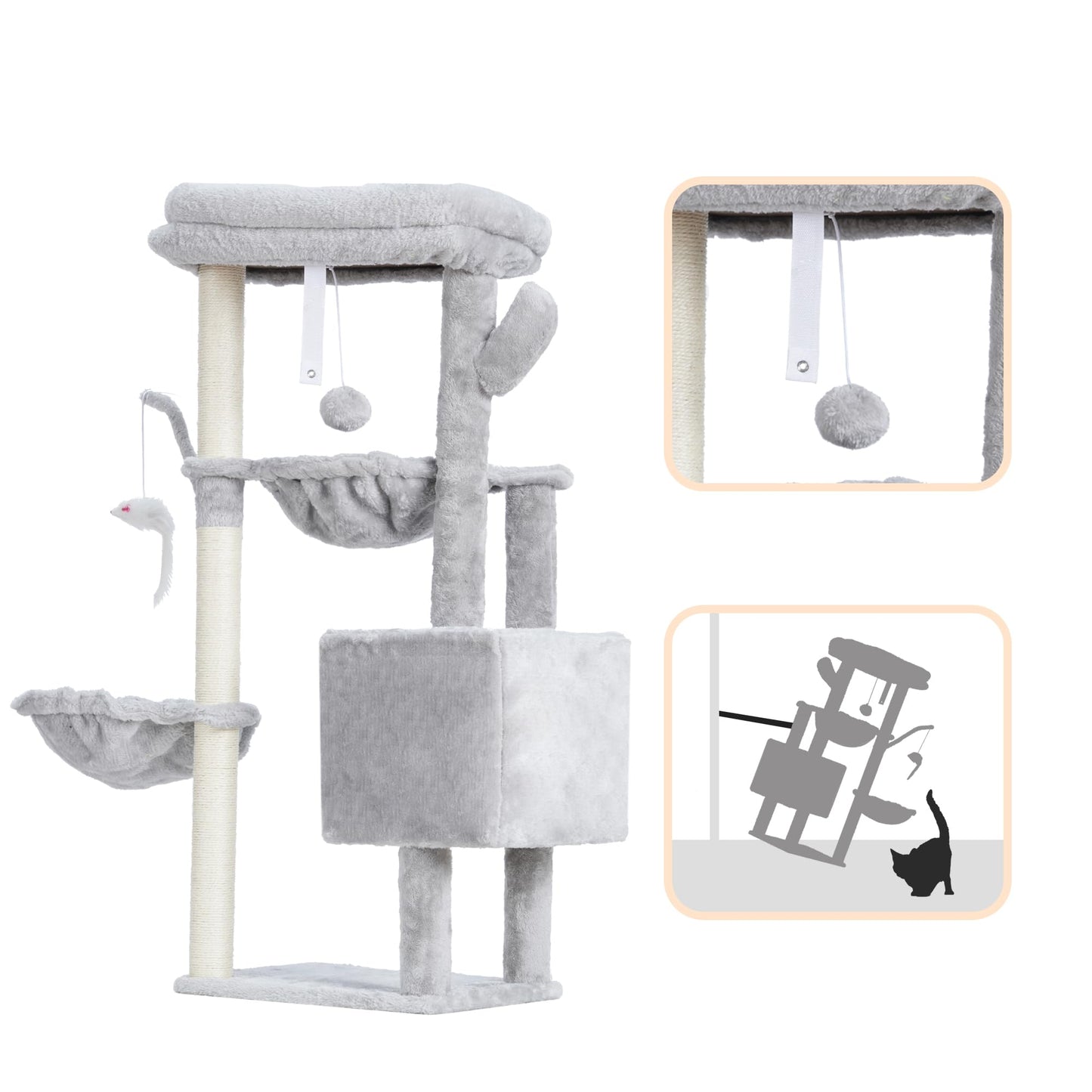 Heybly Cat Tree, 39.4 Inches Tower Condo with Scratching Post, Cat Tower for Indoor Cats, Fully Wrapped Sisal Pole, Soft Platform, 2 Baskets and Dangling Toy, Light Gray HCT006SW
