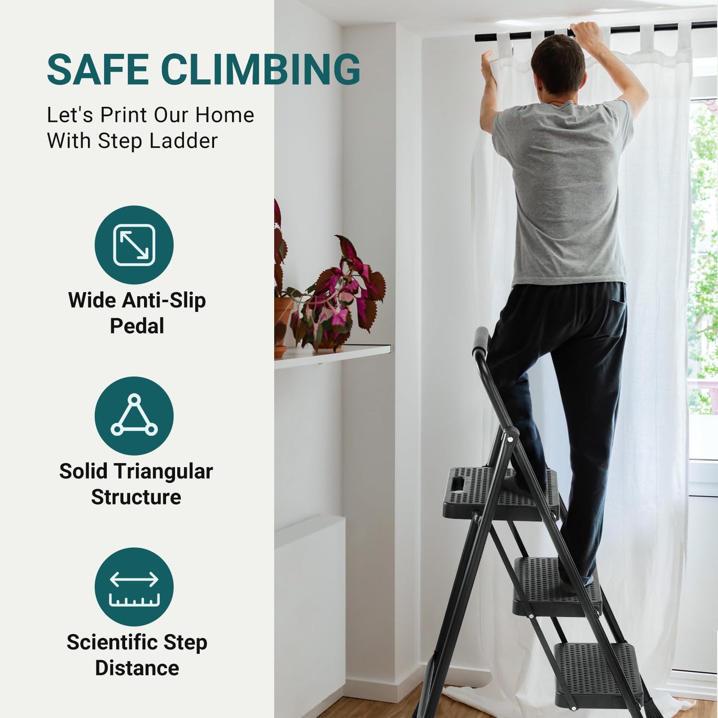 SMUG Step Ladder, 3 Step Stool Foldable with Anti-Slip Pedal & Comfortable Handrail, 800lbs Capacity Sturdy Steel Ladder, Protable Heavy Duty Step Stool for Kitchen, Garage & Outdoor Use, Black