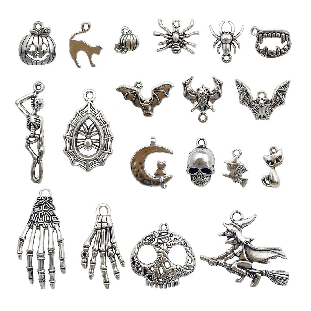 iloveDIYbeads Halloween Charm-100g(about 55-60pcs) Antique Silver Halloween Collection Craft Supplies Charms Pendants for Crafting, Jewelry Findings Making Accessory For DIY Necklace Bracelet (M001)