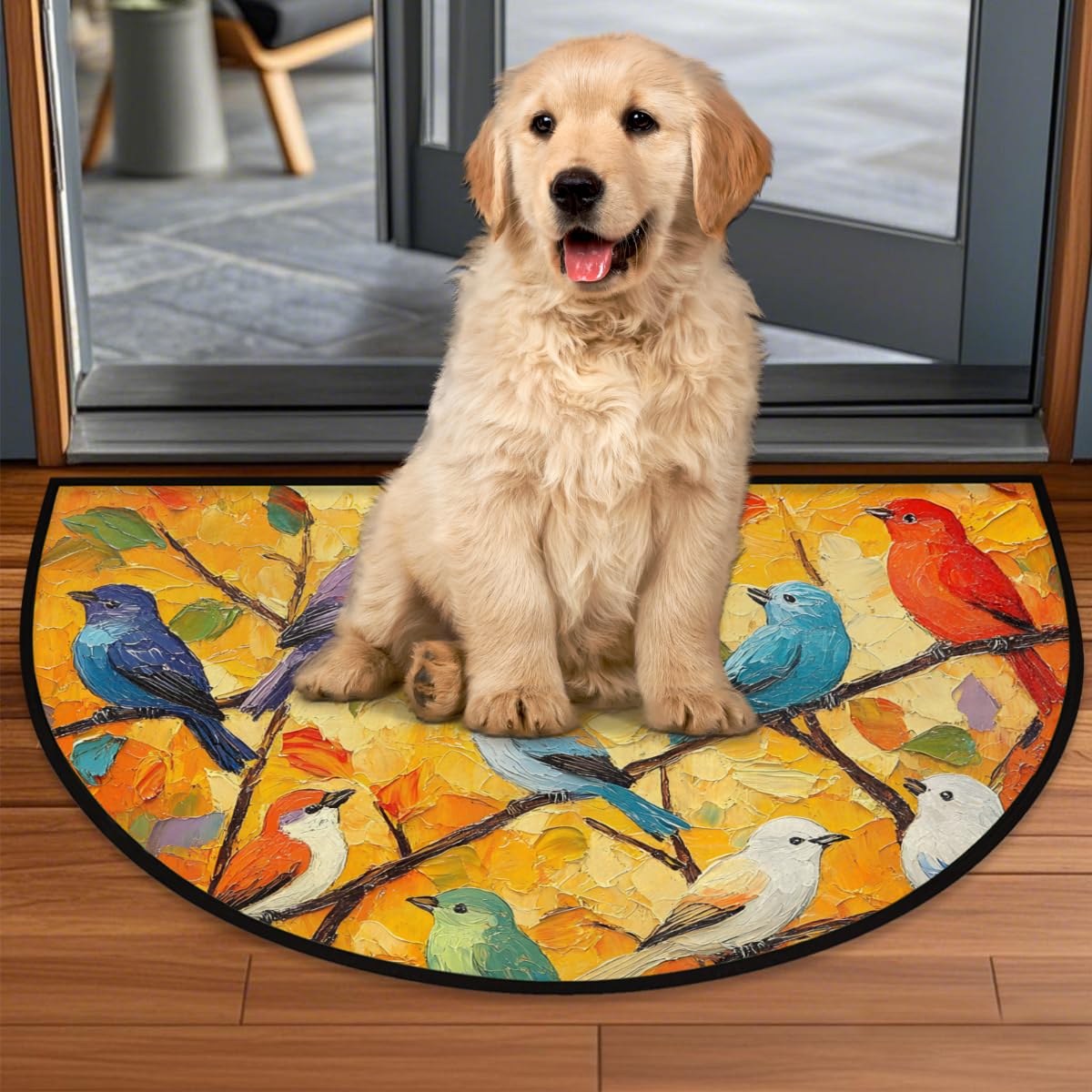 Pardick Bird Oil Painting Half Round Door Mat, Non-Slip Welcome Indoor Entrance Way Rug Semi Circle Front Doormats Washable Bathroom Kitchen Floor Mat, Outdoor Rugs for Garage, Patio, Hearth Rug