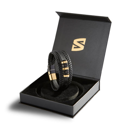 SERASAR Leather Wristbands for Mens 23cm Gold Bracelet GiftBox Genuine Cowhide Braided AdjustAble Magnetic Clasp MultiLayer Wrap Mens Bracelets Band Jewelry Magnet Accessories