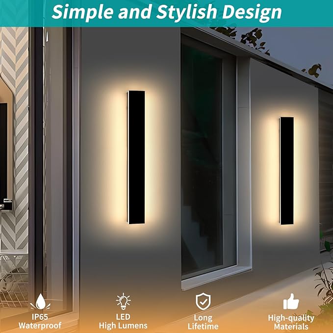 Mikeru 23.6" 2Pack Outdoor Wall Sconce 3000K Warm White - IP65 Waterproof Black Exterior Light, Hardwired Wall Mounted Fixture for Porch, Patio & Entryway | Non-Dimmable Weatherproof Design