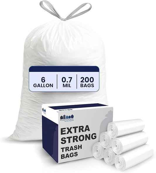 Plasticplace 4 - 6 Gallon White Drawstring Bags, 100% Prime Material, 0.7 Mil