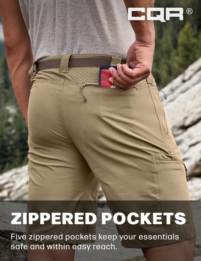 CQR Men's Quick Dry Stretch Hiking Cargo Shorts, Lightweight Water Resistant Tactical Casual, Golf & Outdoor with Pockets, Peak Alamo Khaki, 34W x 10L