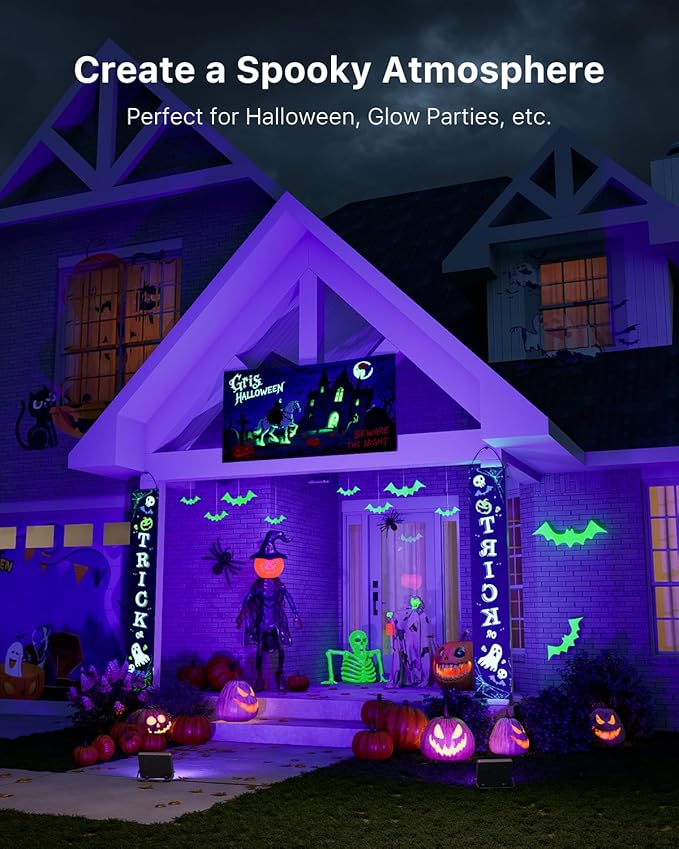 4 Pack 50W Halloween Blacklight Flood Lights Wired 120V IP66 Waterproof UV Led Black Lights for Holiday Decor, Skeleton, Bat, Witch, Body Paint, Glow Party, Purple Ambiance Lighting for Wall, Yard