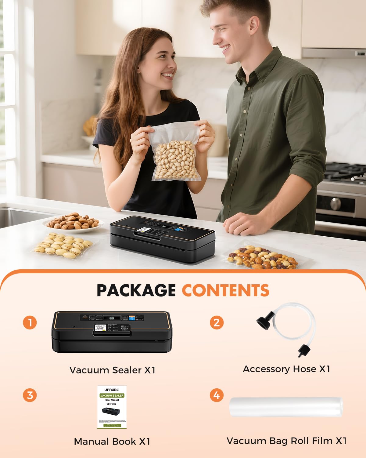 UPRUBE Vacuum Sealer for Food, 95kPa Food Saver Vacuum Sealer Machine, 135W Fast-Sealing by Built-in Bag Storage, Easy Tear Cutter, 9-in-1 Compact Food Vacuum Sealer Machine with 10 ft Bag Roll