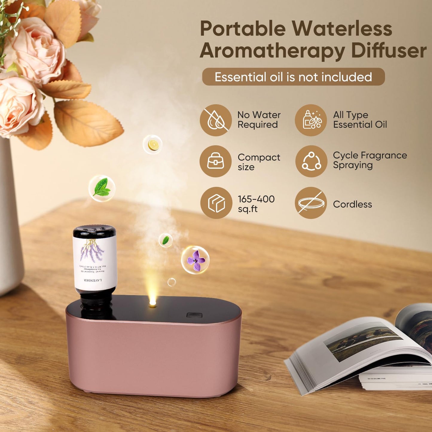 Waterless Diffuser for Home Essential Oil Diffuser, Aromatherapy Diffuser, Portable Scent Diffusers, 3 Mist Modes, Cycle Start for Bedroom, Office Studio 160-350 sq. ft Black
