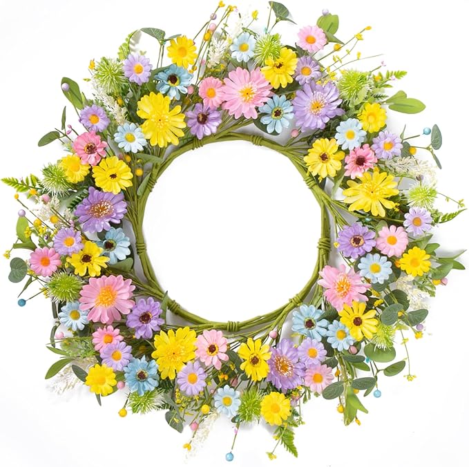 24" Front Door Wreath for Spring Summer Floral Seasonal Wreath with Colorful Flower Vibrant Artificial Daisy &Eucalyptus with Berries for Indoor & Outdoor Wall Home Decor