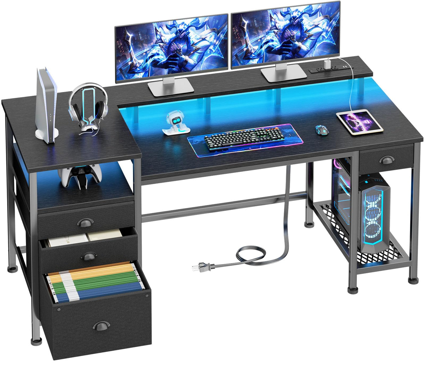 Furologee Black Computer Desk with 4 Drawers, 60" Long Office Desk with Fabric File Cabinet and Power Outlets, Gaming Desk with LED Lights, Study Writing Work Desk for Home Office