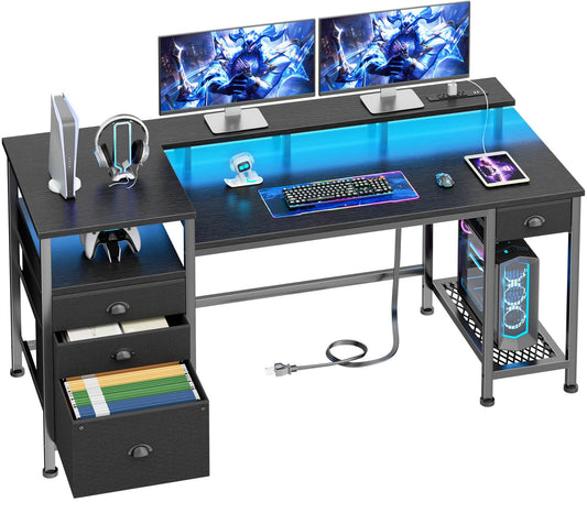 Furologee Black Computer Desk with 4 Drawers, 60" Long Office Desk with Fabric File Cabinet and Power Outlets, Gaming Desk with LED Lights, Study Writing Work Desk for Home Office