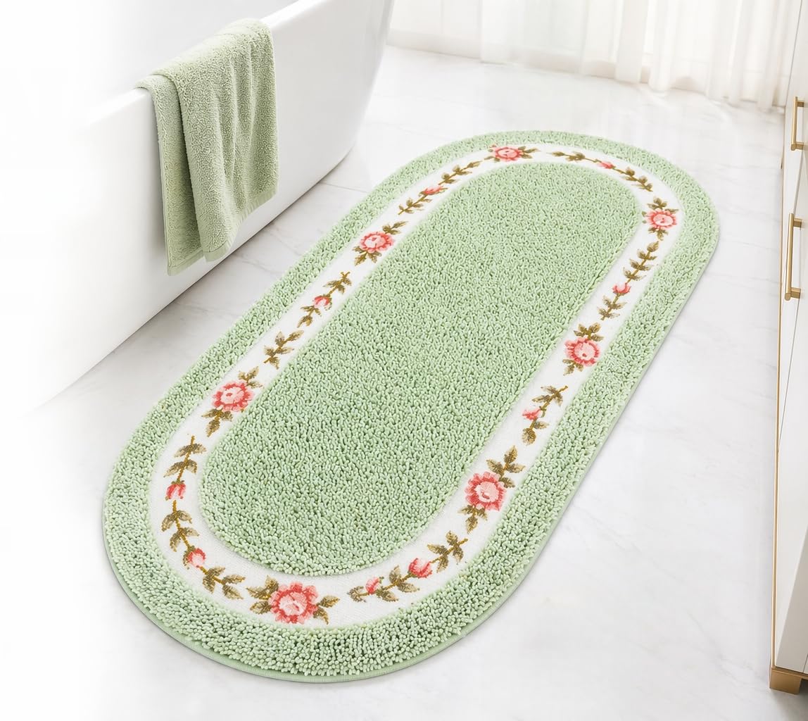 Stay Young Decorative Rose Flower Area Rug,Floral Bedroom Living Room Bathroom Kitchen Rugs Bath Mat,Romantic Fade-Resistant Rose Design,Super Soft and Non Slip,Green 17.71 x 49.21 Inch