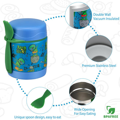 10oz Soup Thermo for Hot Food Kids,Lunch Thermo Kids Food Jar with Spoon Hot Insulated Food Containers,Leak Proof Stainless Steel Wide Mouth Lunch Food Thermo Jar for School(Blue-Dinosaur)