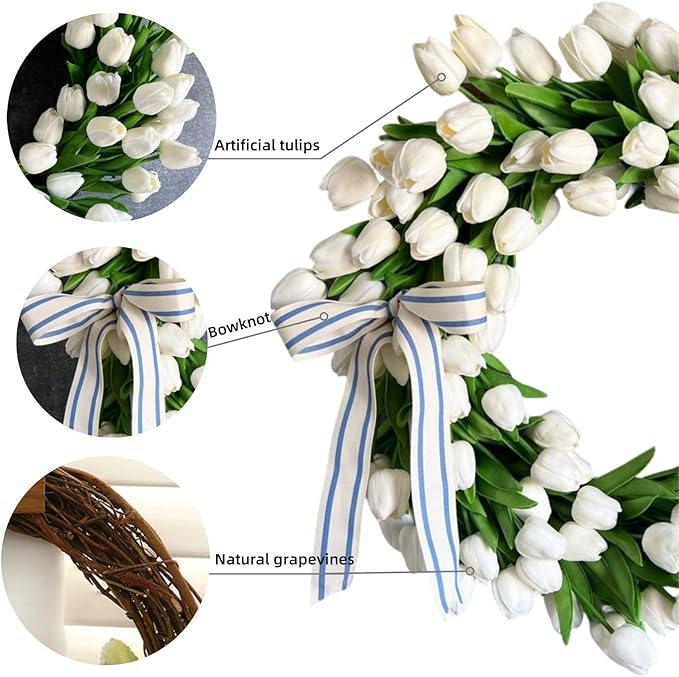 Spring Wreaths for Front Door, 16 Inch Summer Garland with White Tulips, Artificial Tulip Wreath for Farmhouse Home Wall Indoor Outdoor Window Decor