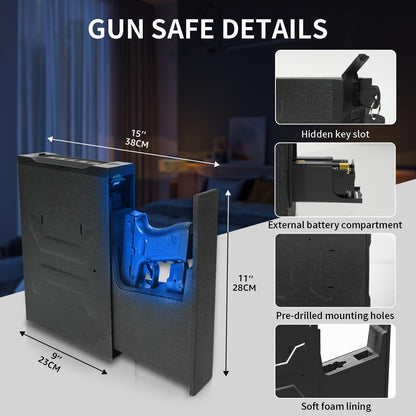 Biometric Gun Safe for Nightstand, Desk, Bedside Mounted, Auto Open Pistol Safe, Drawer Handgun Safe with Internal LED light, Silent mode, Quick Access Gun Lock Box with Fingerprint, PIN Code, Key