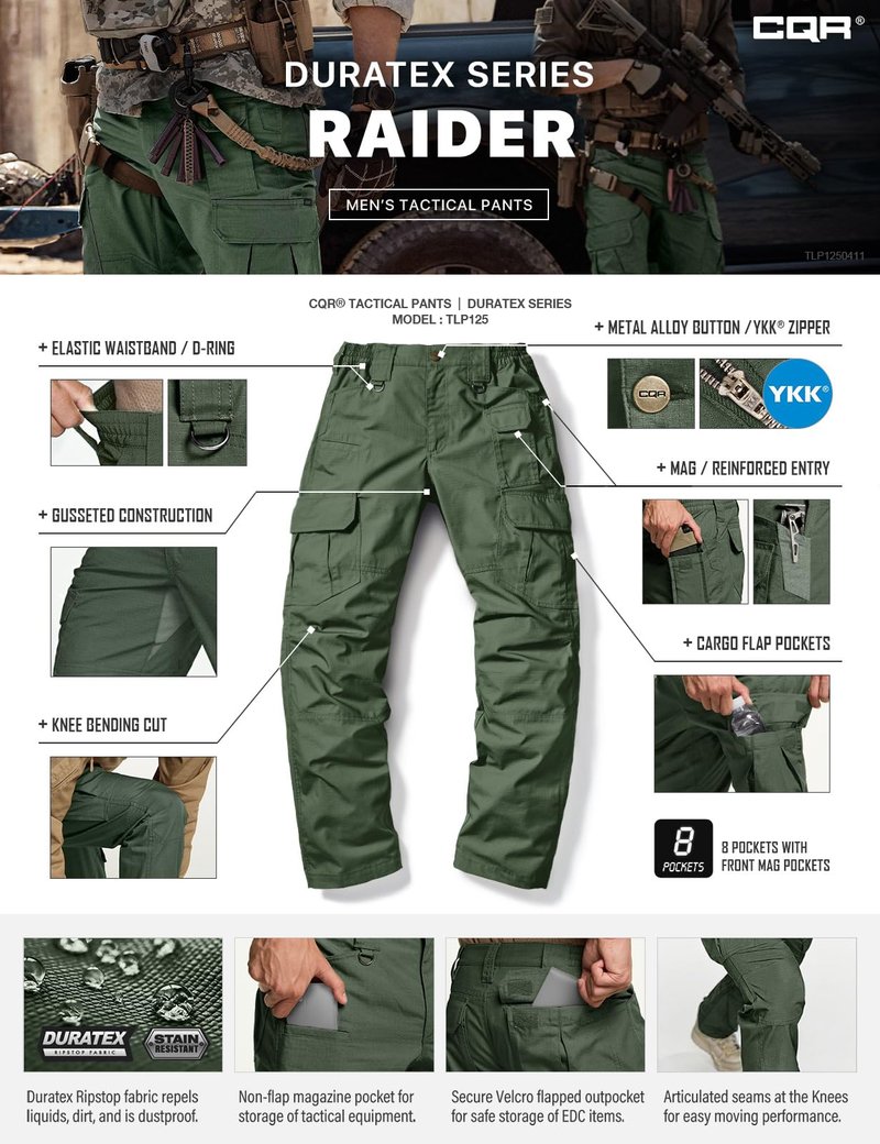 CQR Men's Tactical Pants, Water Resistant Ripstop Cargo Pants, Lightweight EDC Work Hiking Pants, Outdoor Apparel, Raider Mag Green Kelp, 32W x 32L