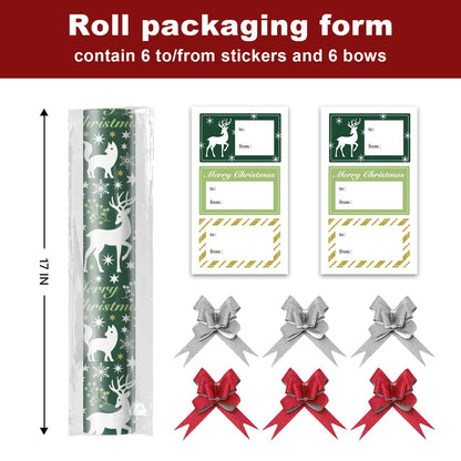 EWES Green Christmas Wrapping Paper Rolls, Matte Elegant Heavy Duty Premium Gift Wrap, Aesthetic Pattern with Christmas tree, Reindeer and Fox, Reversible, Total 48.6sq.ft