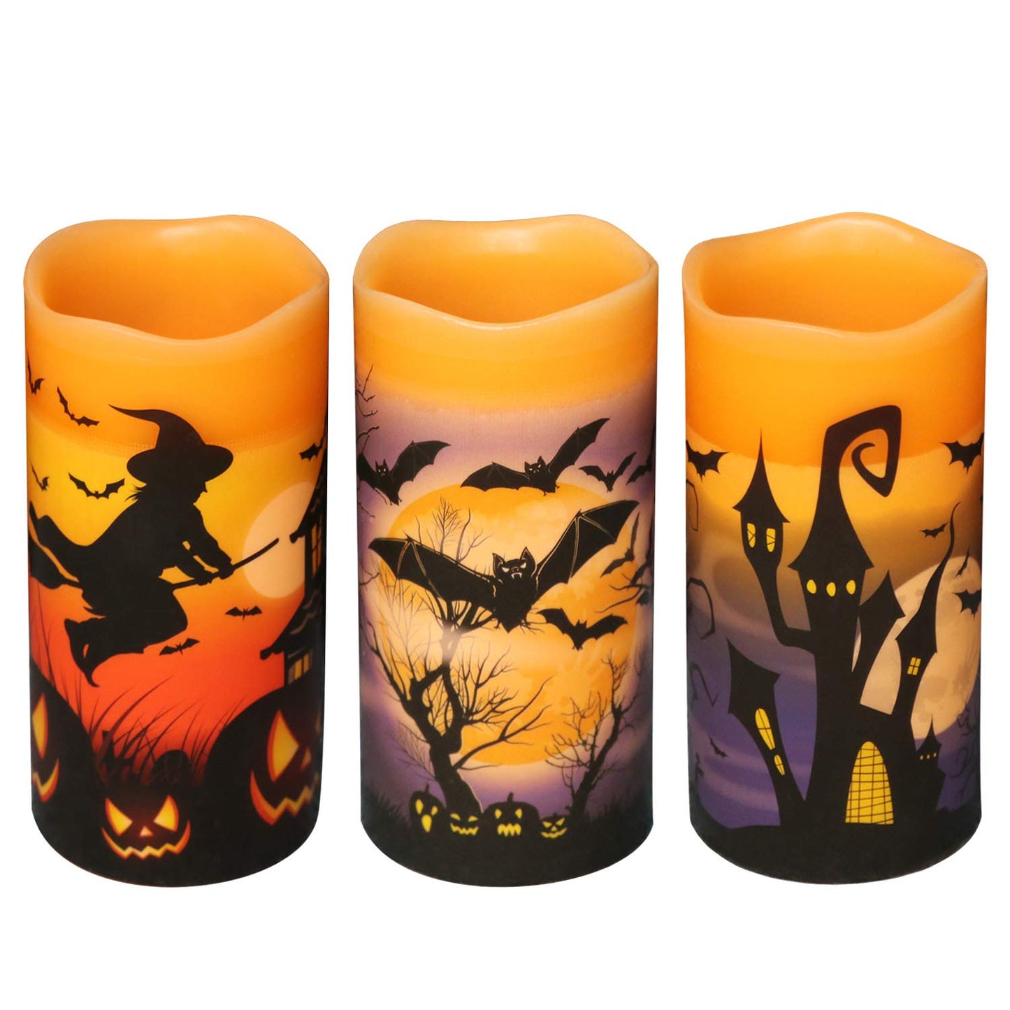 DRomance Halloween LED Flameless Pillar Candles Battery Operated with 6 Hour Timer Set of 3 Orange Wax Warm Light Flickering Witch Bats Castle Spooky Decals Halloween Decor Gifts(3 x 6 Inch)