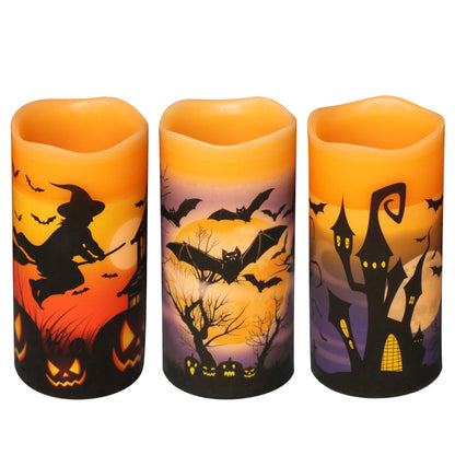 DRomance Halloween LED Flameless Pillar Candles Battery Operated with 6 Hour Timer Set of 3 Orange Wax Warm Light Flickering Witch Bats Castle Spooky Decals Halloween Decor Gifts(3 x 6 Inch)