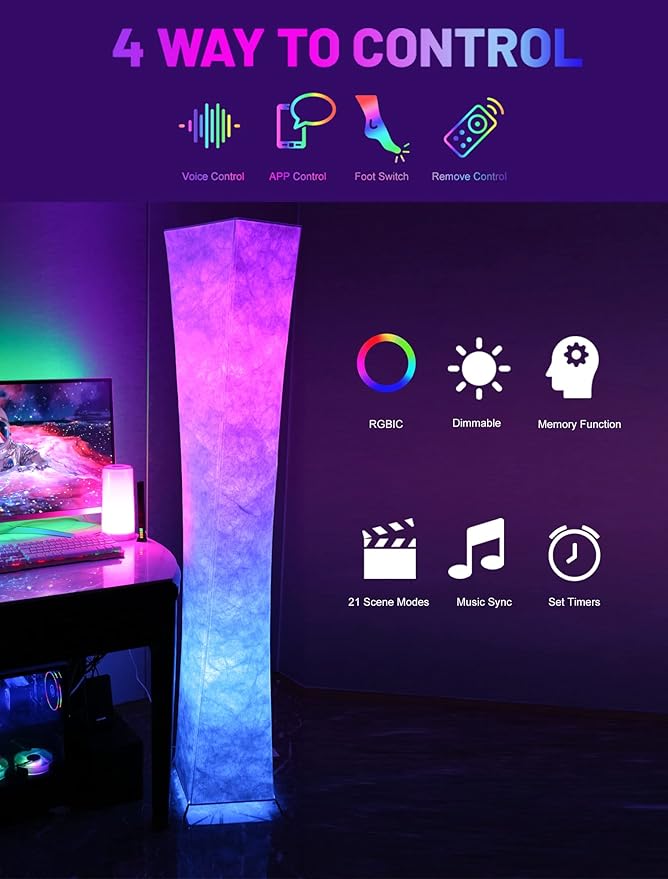 LEONC RGB+CCT Floor Lamp with Remote, 1800lm LED Tuya Smart 9W×2 Bulbs, 61" Smart Modern Floor Lamp with Alexa, Music Sync and 16 Million Colors, Color Changing Standing Lamp for Bedroom Living Room