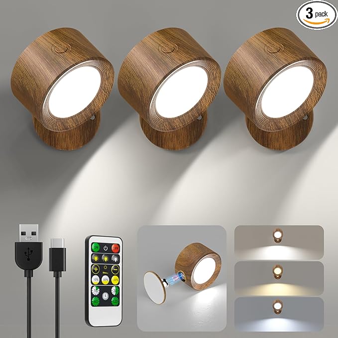 Lightbiz LED Wall Lights, Wall Sconces 3 Pcs with Remote Rechargeable Battery Operated, 3 Color Temperatures & Dimmable Wall Lamp Magnetic 360° Rotation Light for Bedroom Living Room