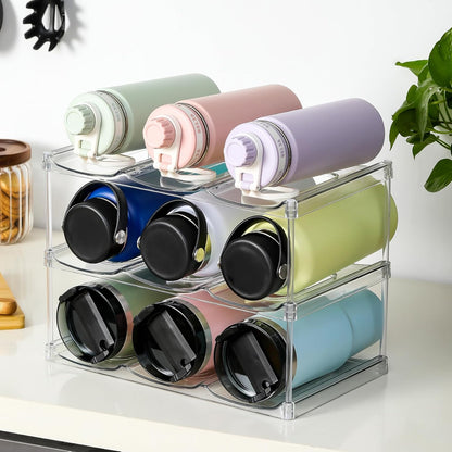 LARGER Compartment - Stackable Water Bottle Organizer Holder - for Stanley & Others' Large Tumbler - Clear Wine Rack, Cup Bottle Holder for Cabinet Home Countertop Fridge Pantry Shelf, 3 Tier Hold 9