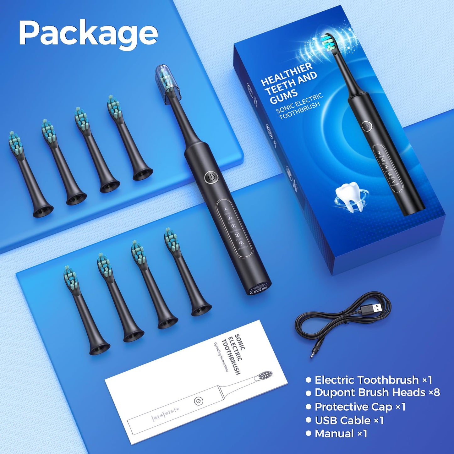 Electric Toothbrushes with 8 Replacement Brush Heads and 5 Brushing Modes,40,000vpm,Electric Toothbrush for Adults and Kids with 60 Days Battery Life,2 Minute Smart Time(Black)