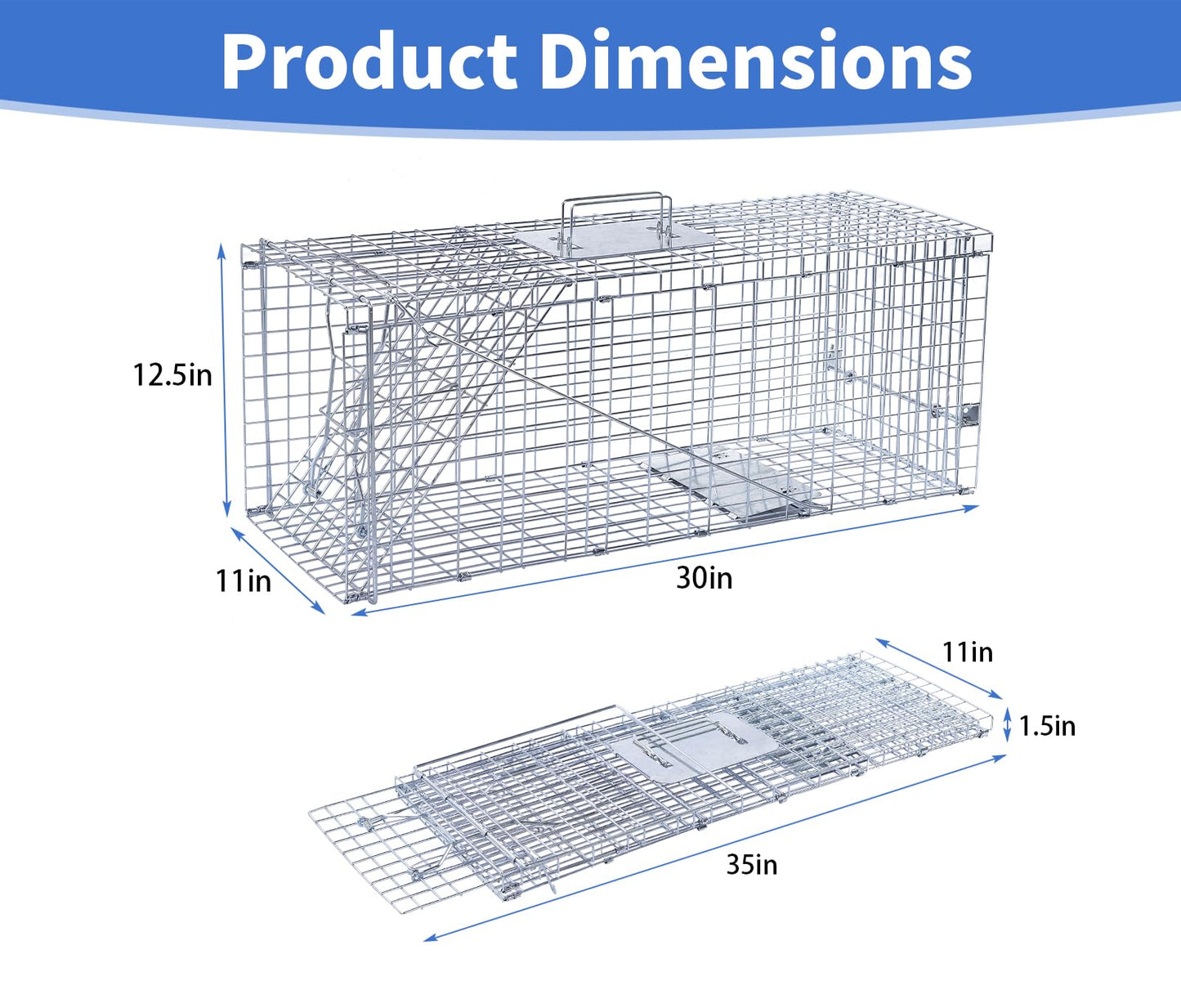 32” Humane Animal Trap, Live Animal Trap Cage for Stray Cats, Raccoons, Squirrels, Rabbits, Moles, Groundhogs, Armadillos up to 16.5 lbs, Galvanized Rustproof Live Animal Cage Trap