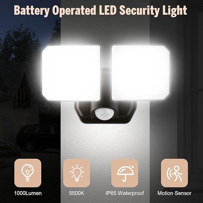 Battery Powered Motion Sensor Security Light(2 Pack),5000K 1000LM High Brightness,6 -Month Battery Life,No Wiring Installation,49FT Sensing Distance,Indoors or Outdoor Used