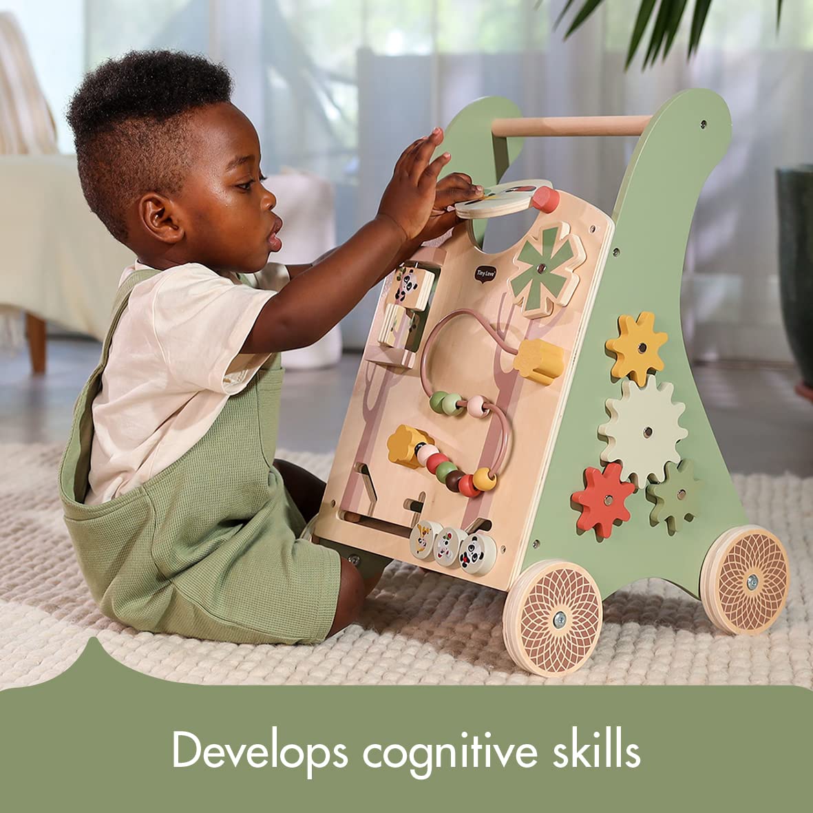 Tiny Love Wooden Baby Walker, Activity Walk Behind, 2-in-1 Activity Walker, 12 Interactive Activities, Supports Motor Skills, Cognitive Development, Comfortable Natural Design, 18+ Months, Boho Chic