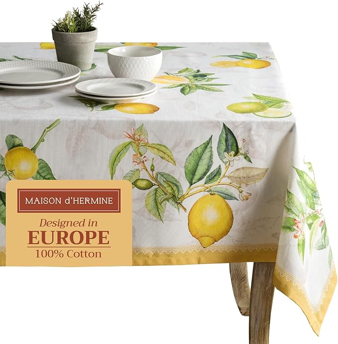 Maison d' Hermine Table Cloth Square Table 100% Cotton 60 x 60 Inches Tablecloth Reusable Decorative Everyday Use for Dining Room, Farmhouse, Home, Party, Festive & Wedding Spring Summer - Limoncello