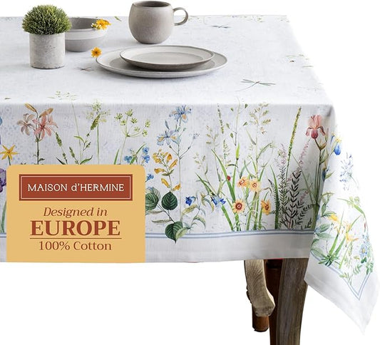 Maison d' Hermine Table Cloth Rectangle Table 100% Cotton 70 x 90 Inches Tablecloth Reusable Decorative for Dining Room, Farmhouse, Home, Party, Festive & Wedding Spring Summer - Fleurs De Mai