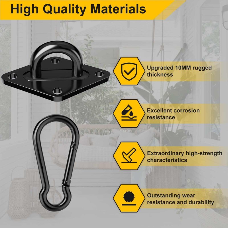 Morzejar Heavy Duty Black Hammock Hooks Screws Bolts Included, Over 1700 lb Rust-Resistant Swing Hook Hardware, M10 Hanging Kit for Porch Yoga Seat Trapeze (Indoor/Outdoor)